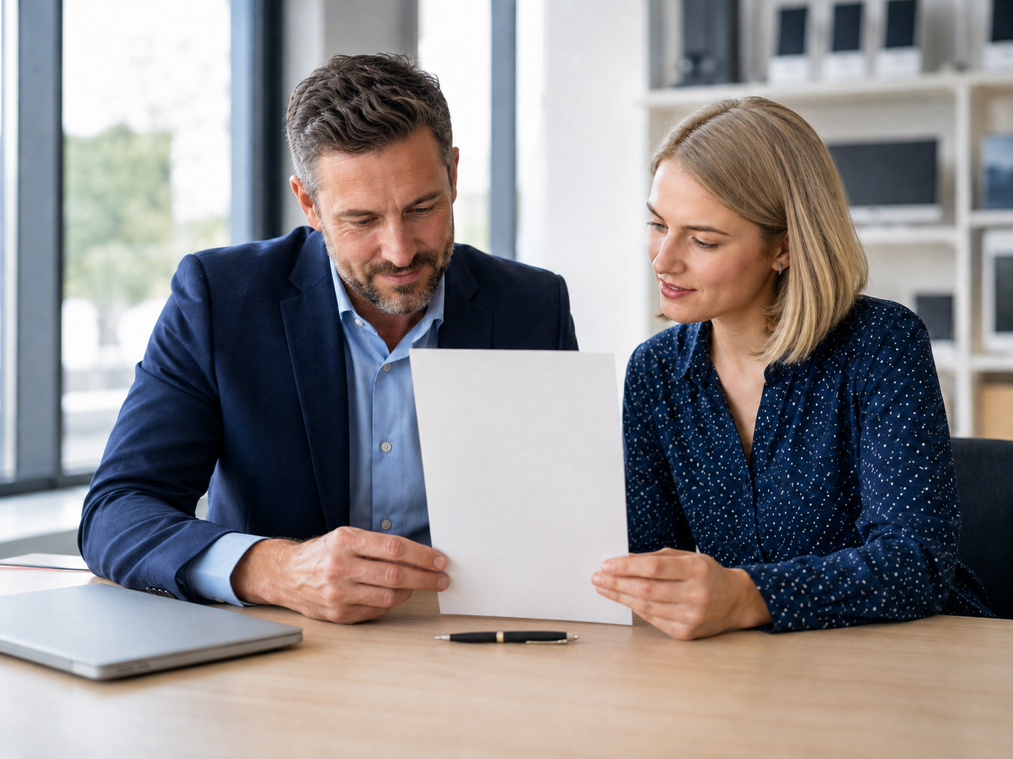 Man and blonde woman reviewing a legal-size consignment contract together at a desk