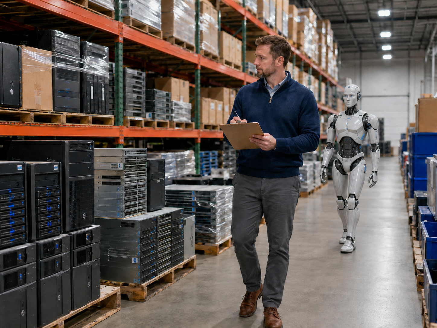 Professional evaluating warehouse equipment with an android following closely behind